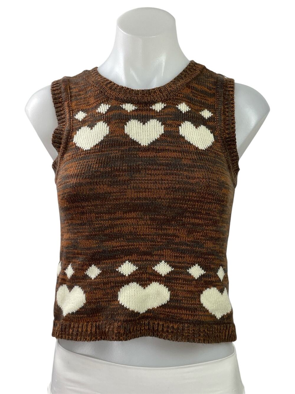 Cotton Emporium Brown Heart Diamond Print Sleeveless Tank Sweater Vest Size S